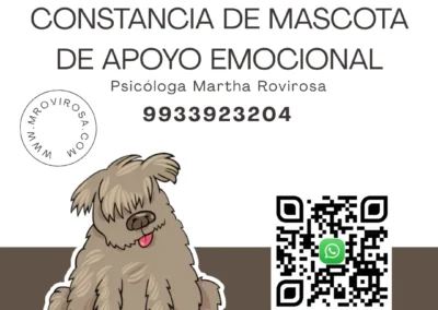 Constancia de mascota de apoyo emocional con perro y código QR de contacto de la psicóloga Martha Rovirosa.